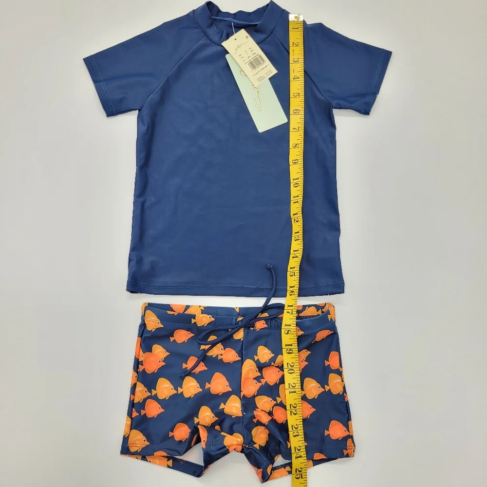 Gottex Kids Swin Set Navy Orange Fish Short Sleeve Shorts Boys Size 5 NEW